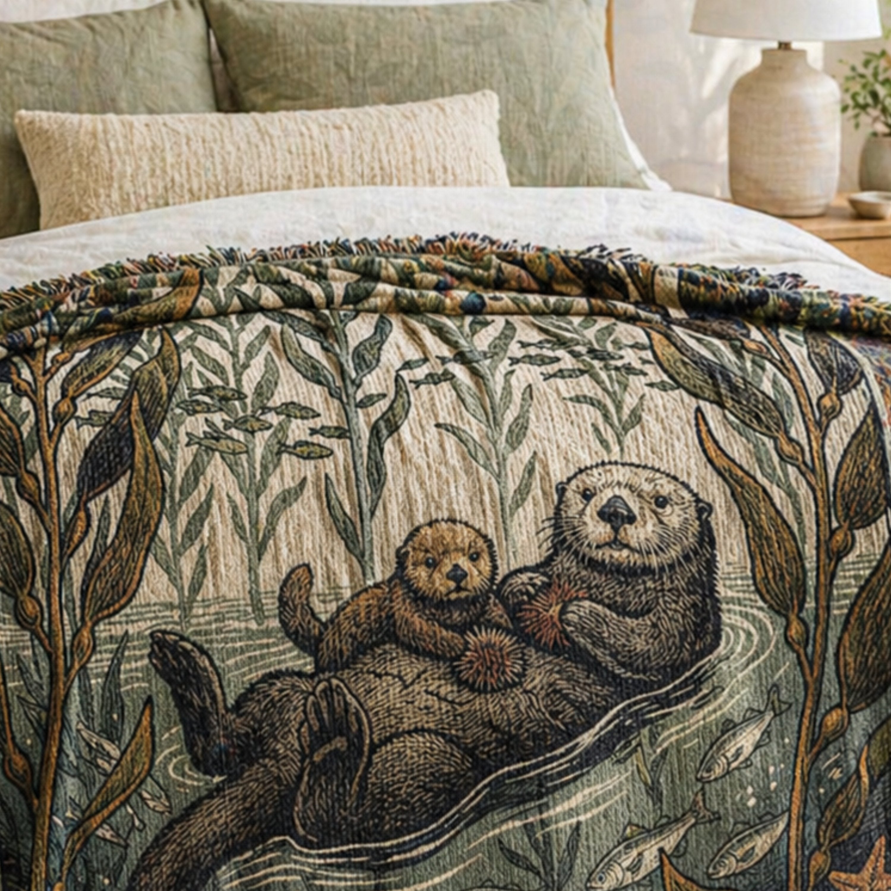 Pacific Sea Otter woven throw draped over a bed — jacquard cotton kelp forest tapestry blanket in a coastal bedroom setting
