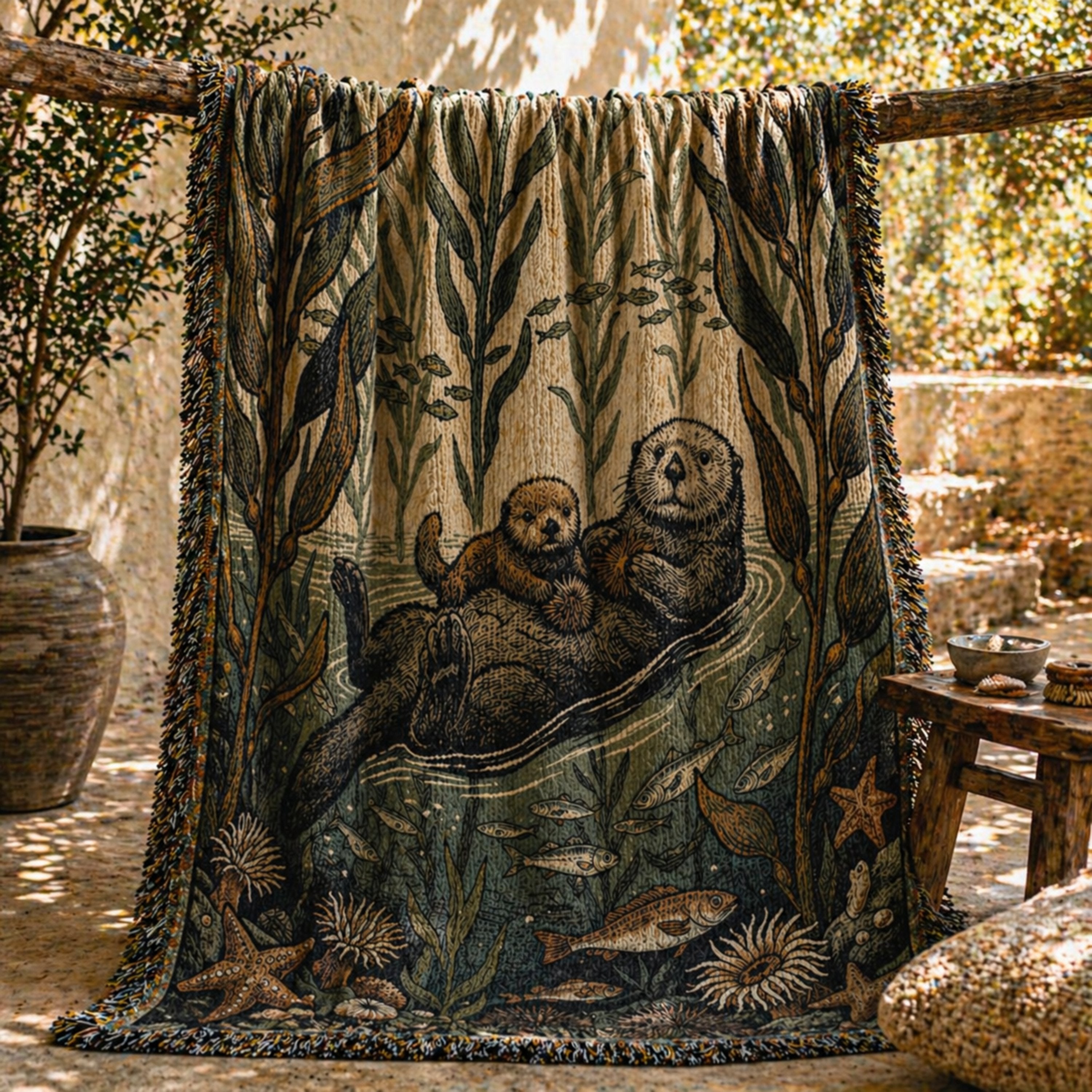 Sea otter kelp forest jacquard woven throw hanging outdoors — 100% cotton wildlife tapestry blanket