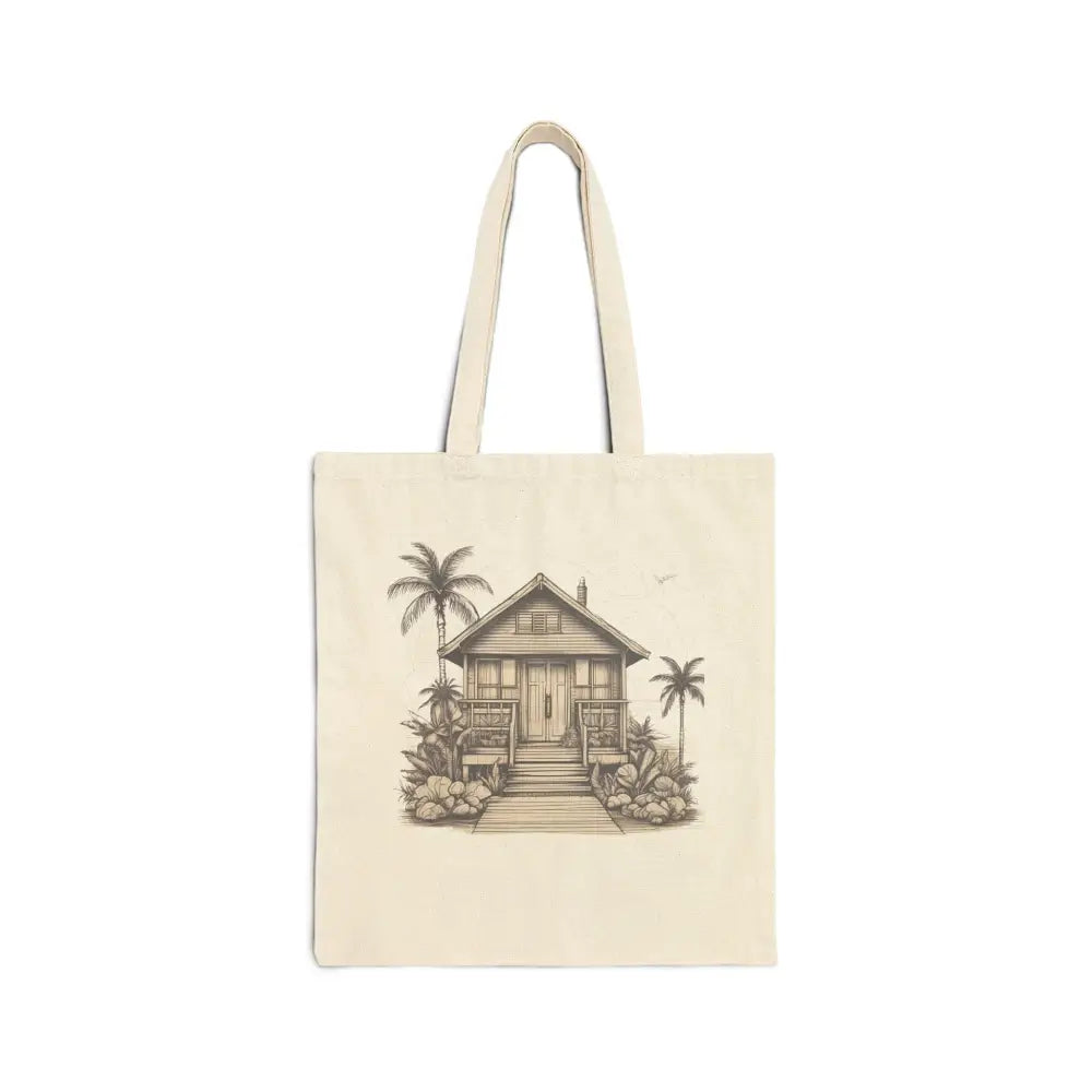 Seaside Serenity Beach cotton canvas tote with tropical sketch