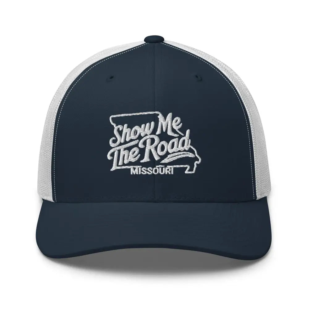 Dark blue and white mesh Missouri trucker cap with embroidered corduroy Missouri State outline