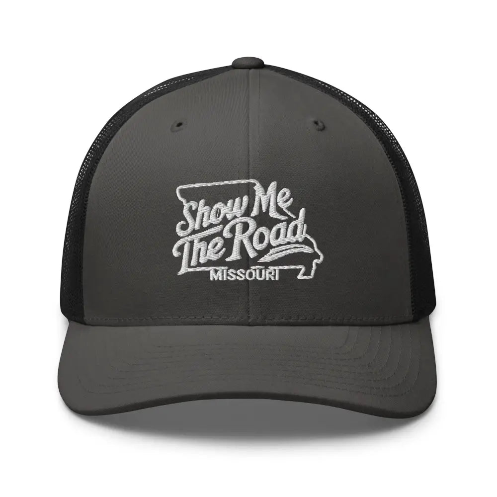 Dark gray Missouri trucker cap with embroidered corduroy state outline