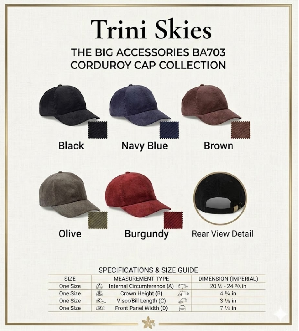 Trini Skies corduroy cap collection with color options and specifications. Big Accessories BA703