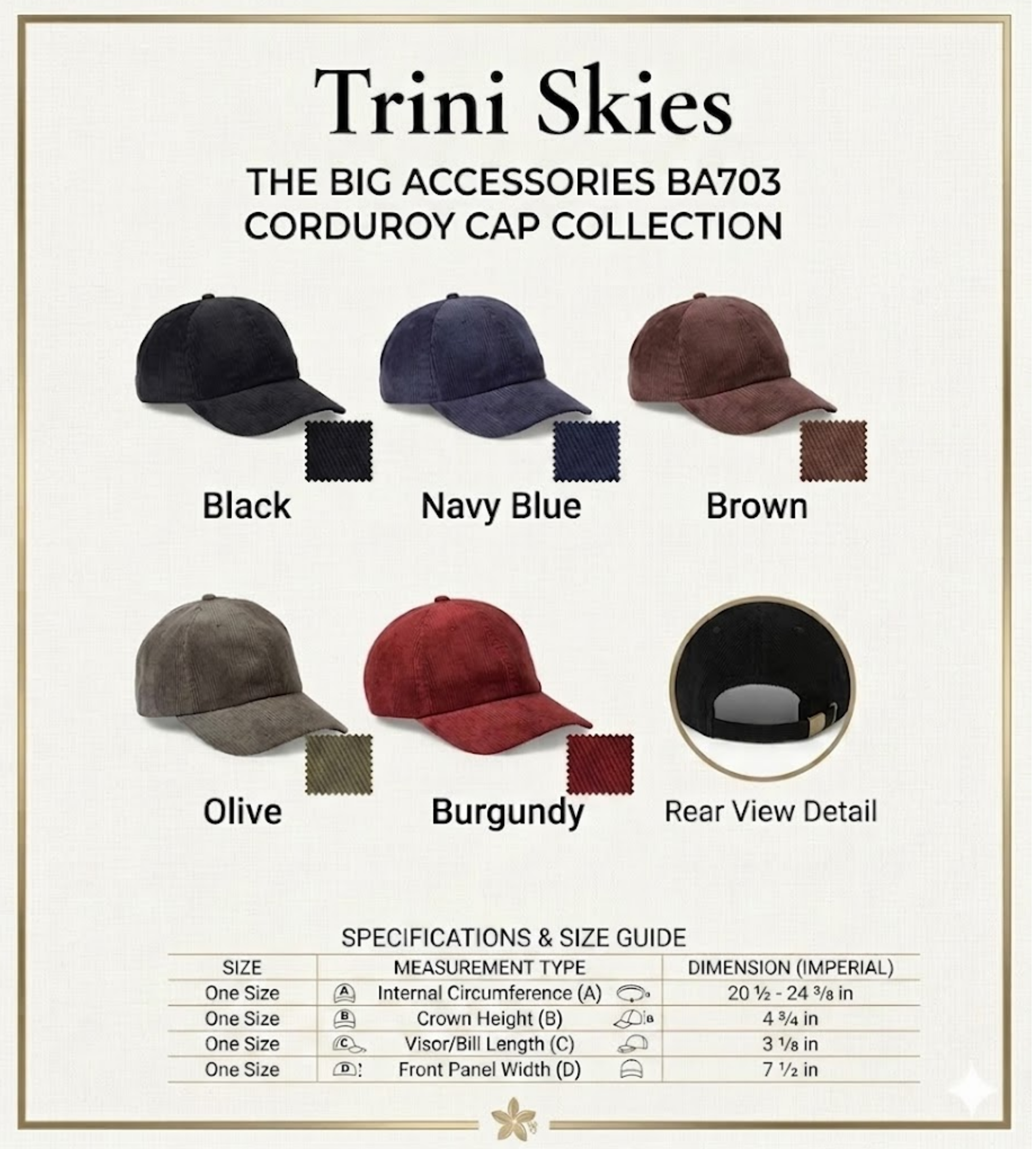 Trini Skies corduroy cap collection with color options and specifications. Big Accessories BA703
