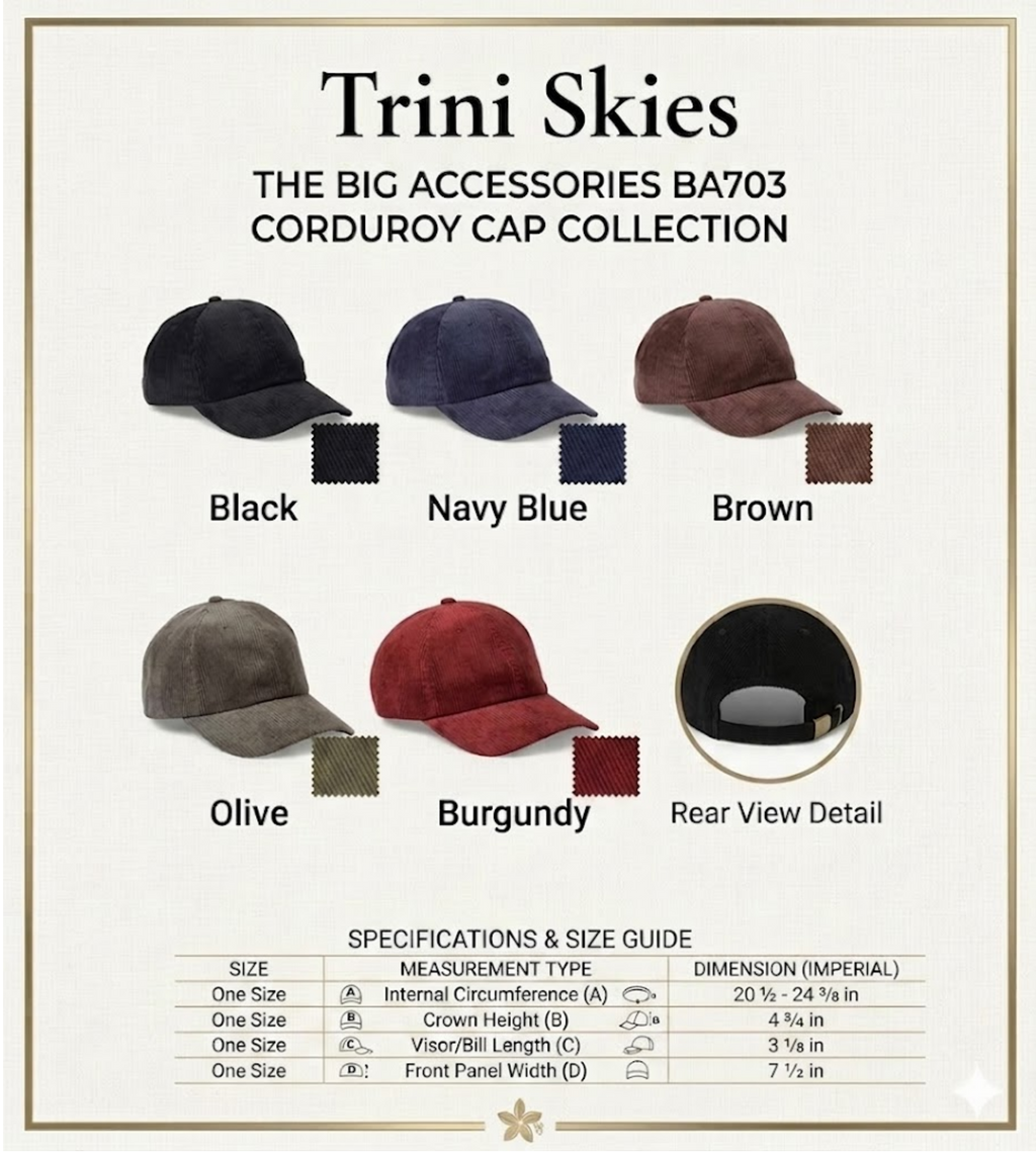 Trini Skies Bison and Mountain corduroy hat collection showing all four colorways — black, navy, brown, olive — with size specifications