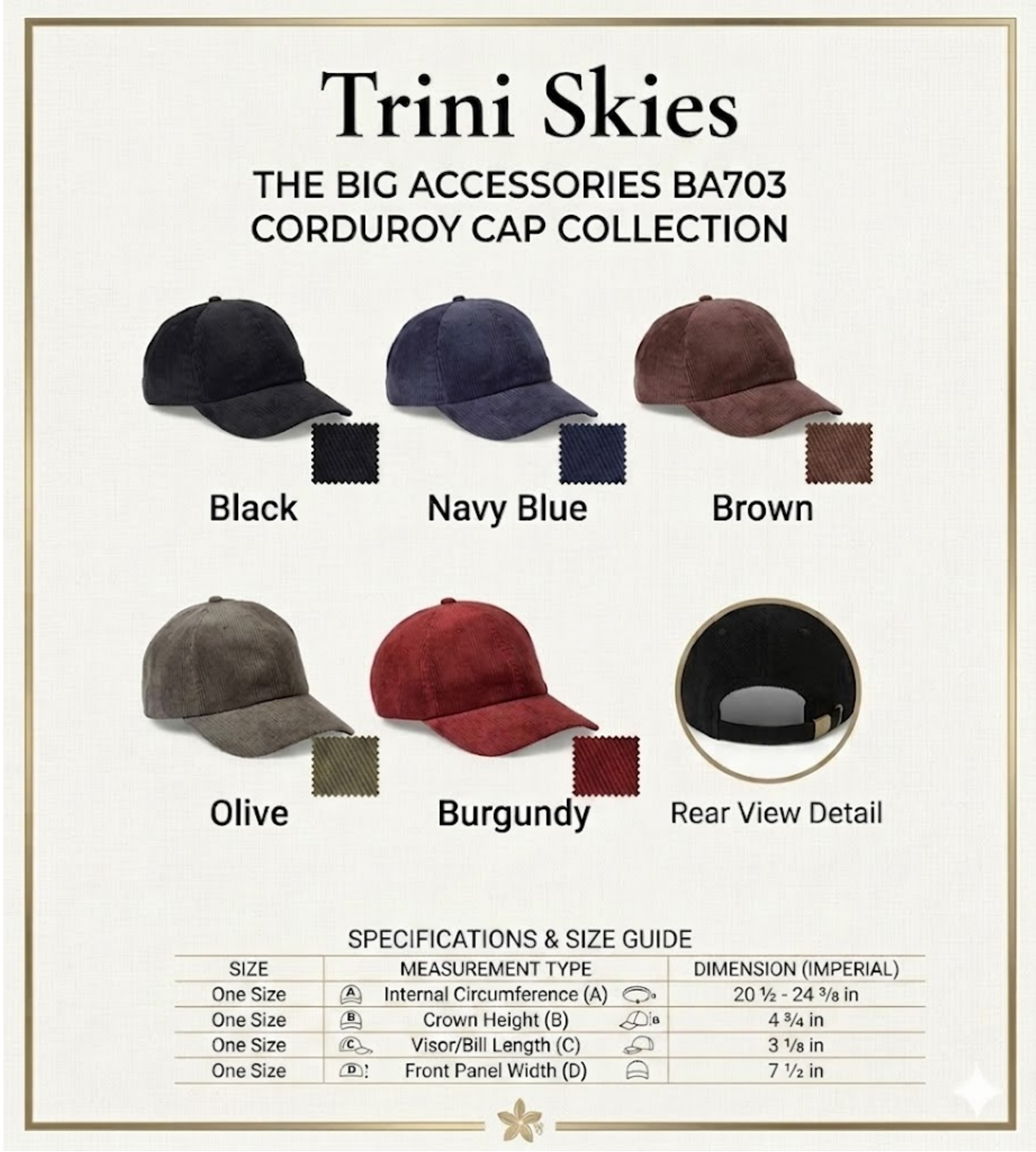 Trini Skies Bison and Mountain corduroy hat collection showing all four colorways — black, navy, brown, olive — with size specifications