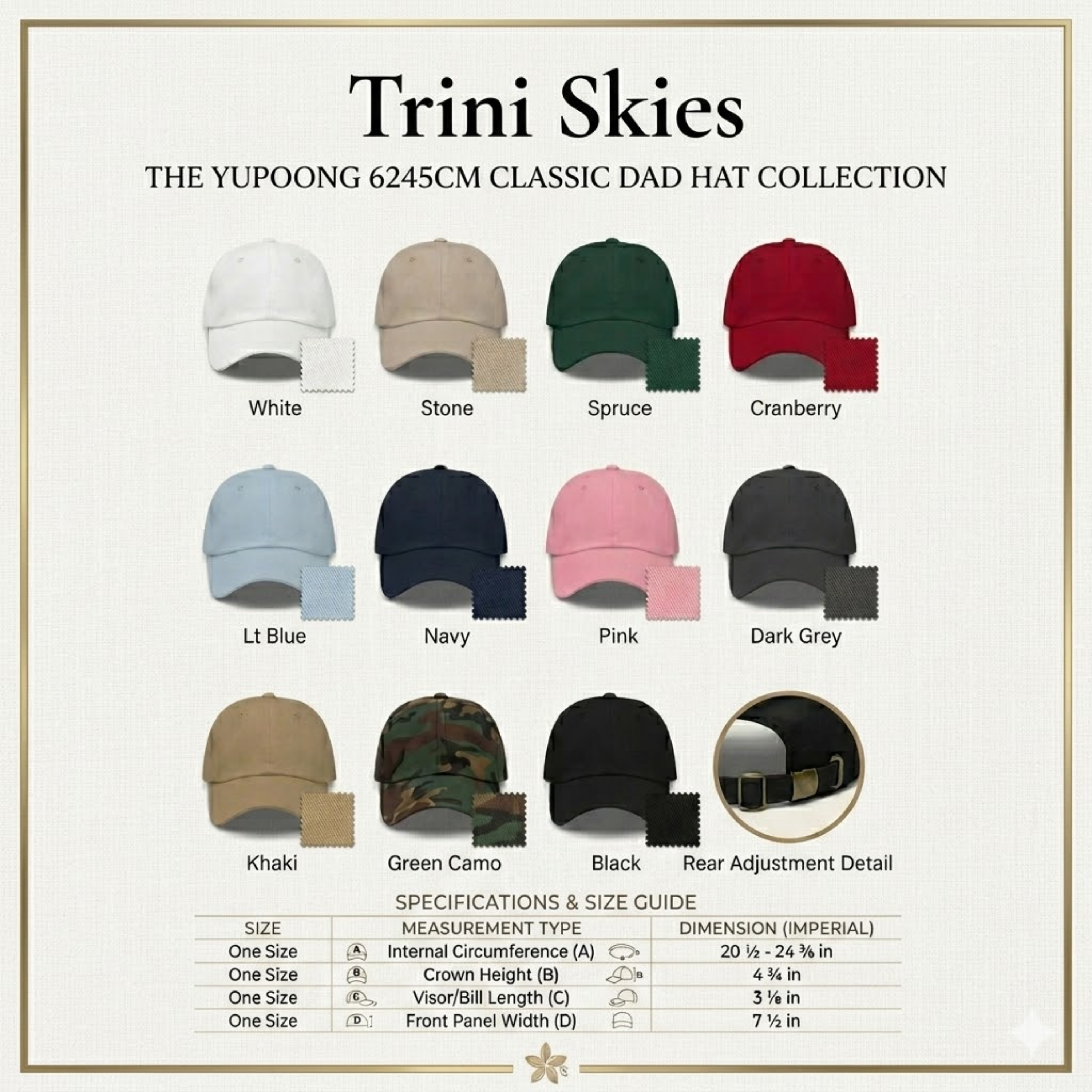 Trini Skies New York Carriage dad hat available in five colors black navy spruce dark grey and khaki cotton twill Destination Collection