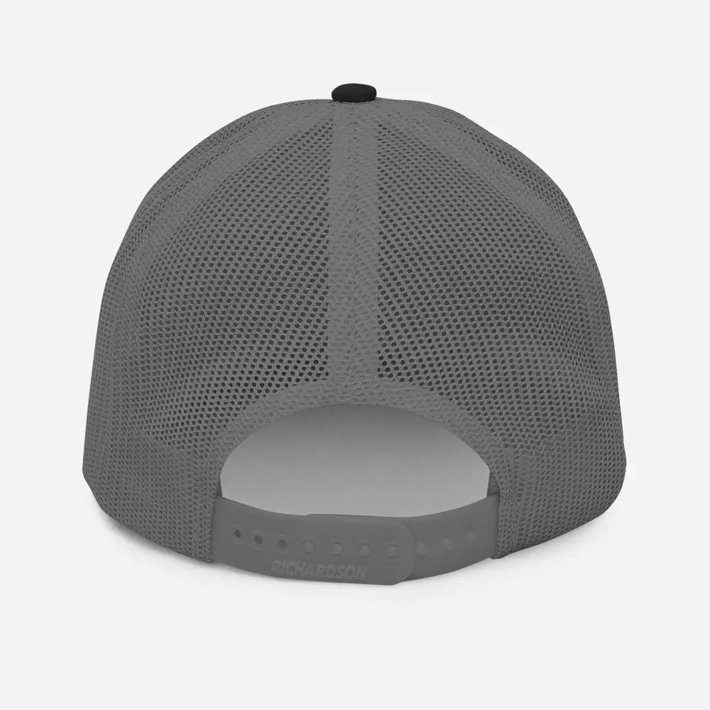 Skeleton campfire embroidered black grey mesh trucker hat