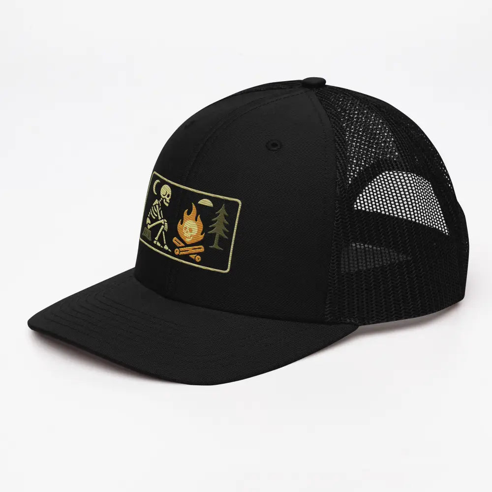 Black Richardson 112 trucker hat with skeleton campfire embroidered patch