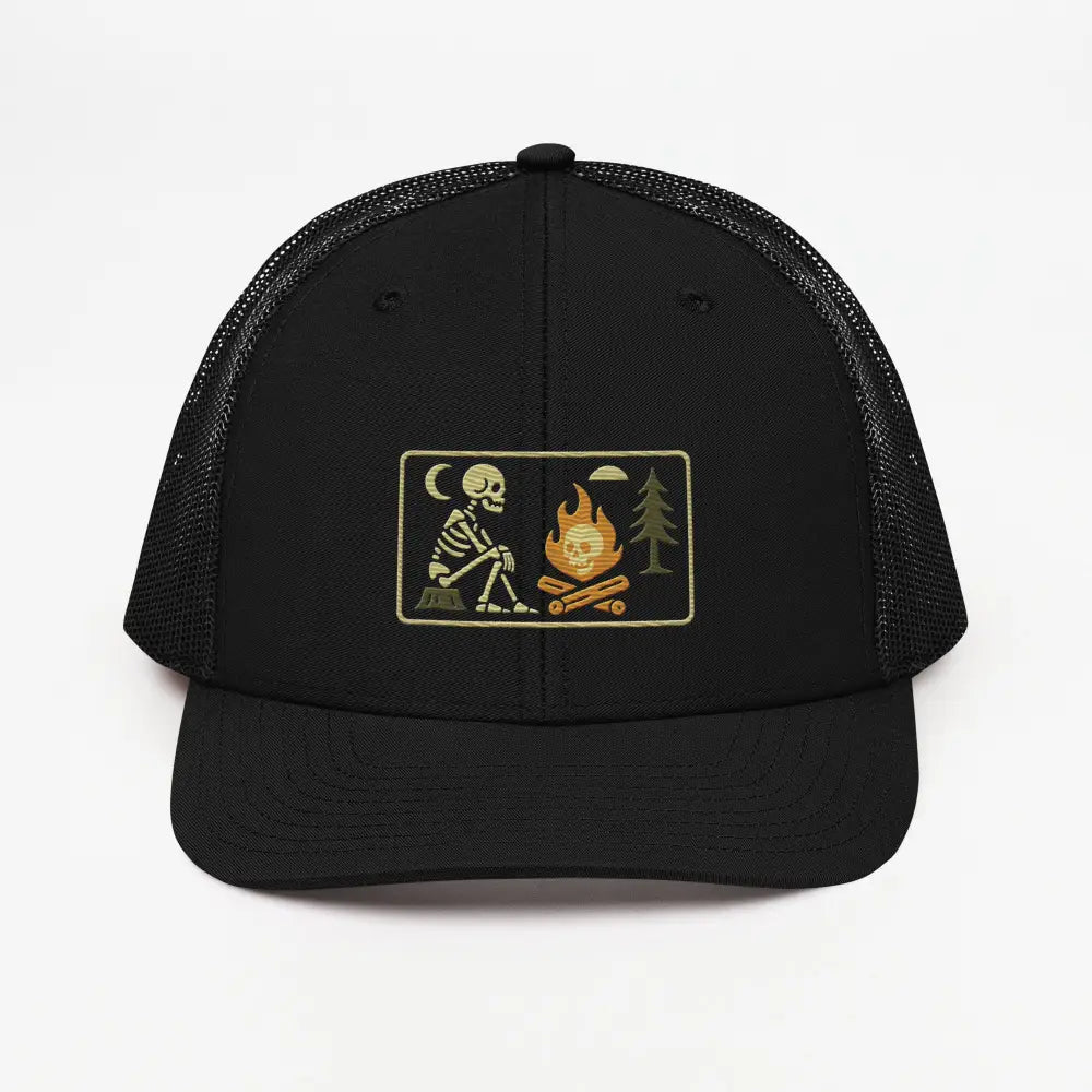 Black mesh trucker hat with skeleton campfire embroidered patch
