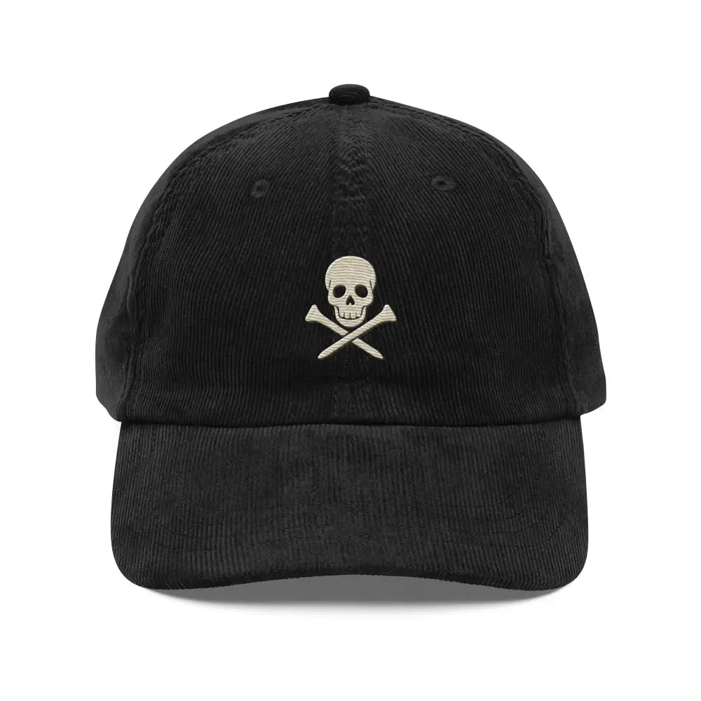 Trini Skies embroidered corduroy dad hat with skull and cross golf tees logo