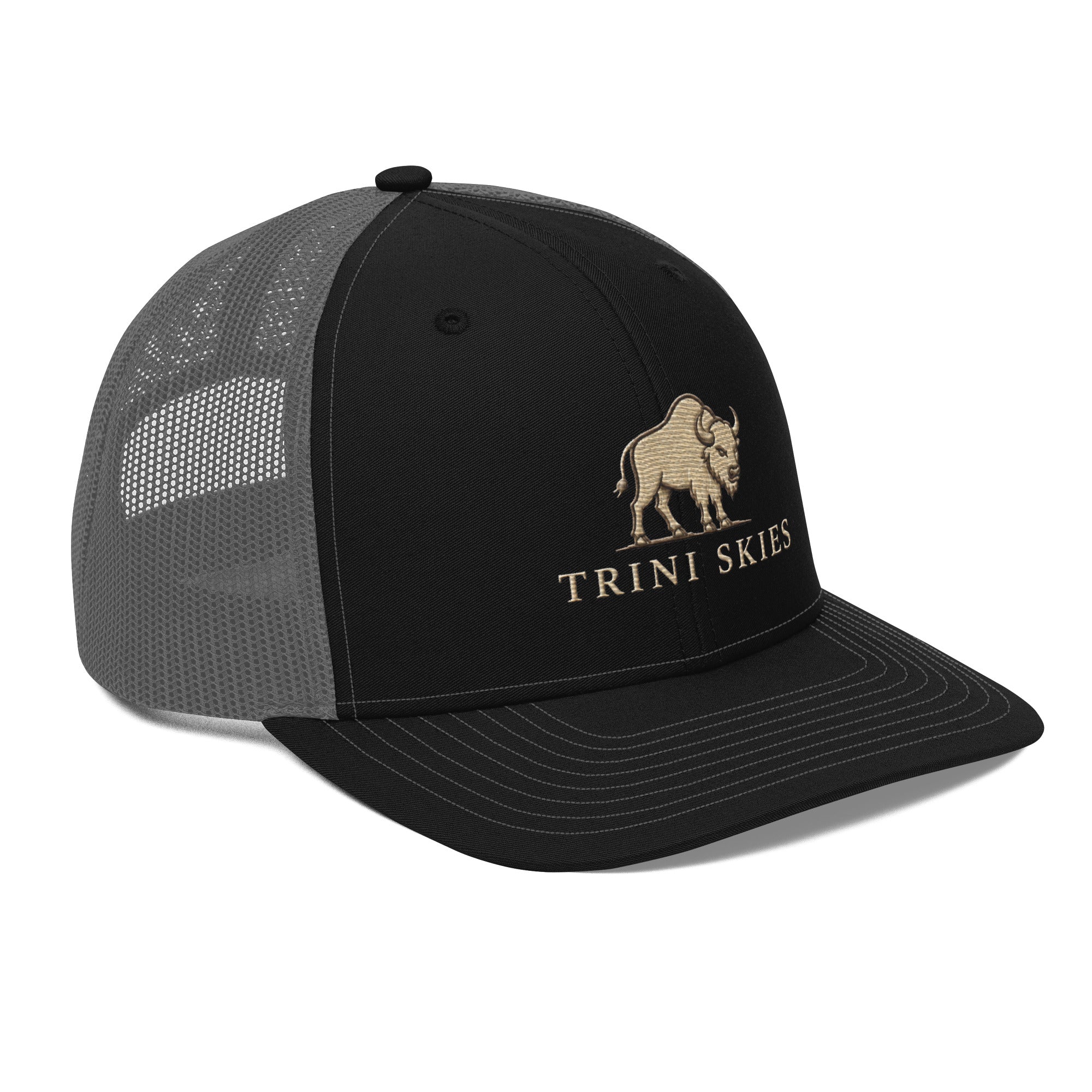 Heritage Bison Trucker Hat Richardson 112 black charcoal colorway, right front view showing structured panel and bison embroidery detail