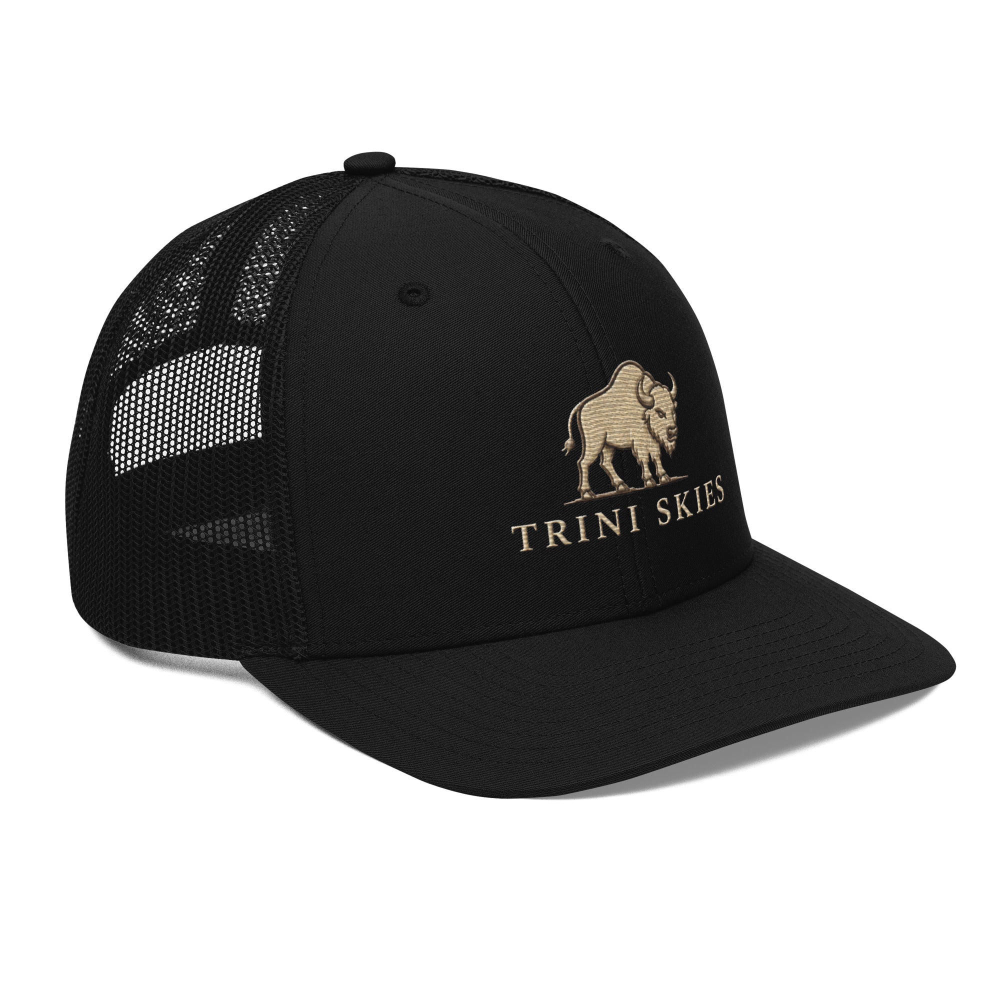 Heritage Bison Trucker Hat Richardson 112 black colorway, right front view, custom bison and Trini Skies wordmark embroidery on structured panel