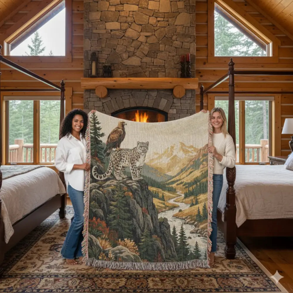Woven cotton blanket with snow leopard and eagle in alpine wildlife scene