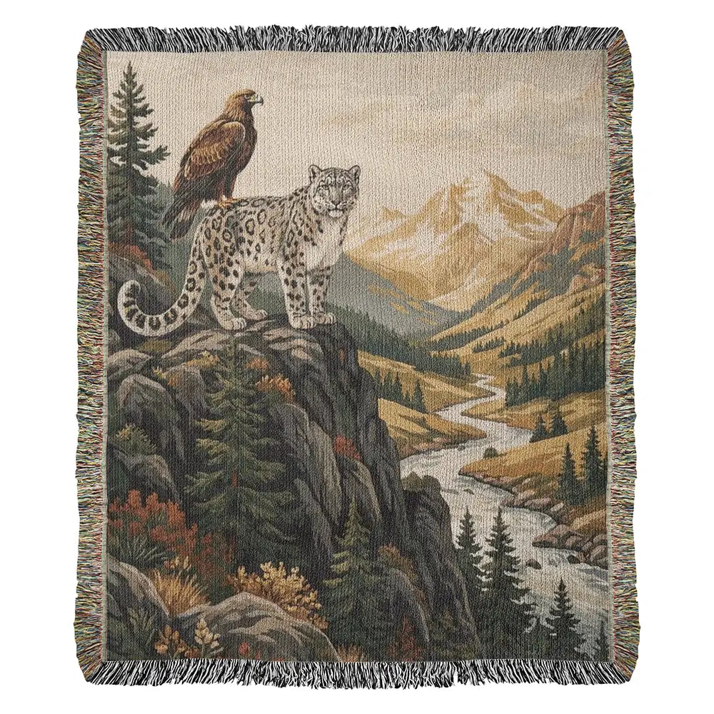 Snow leopard throw: woven cotton blanket with eagle on leopard in alpine landscape
