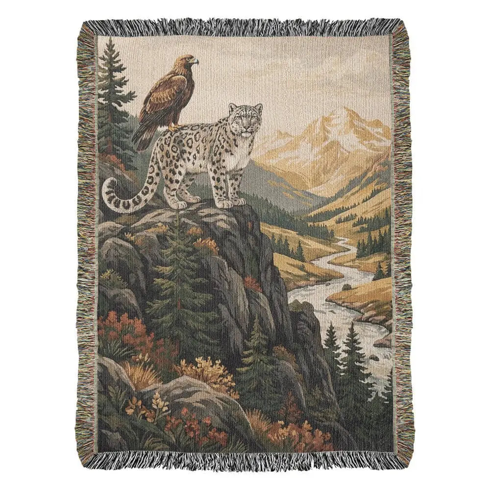 Beige woven cotton blanket with snow leopard and golden eagle on rocky alpine terrain