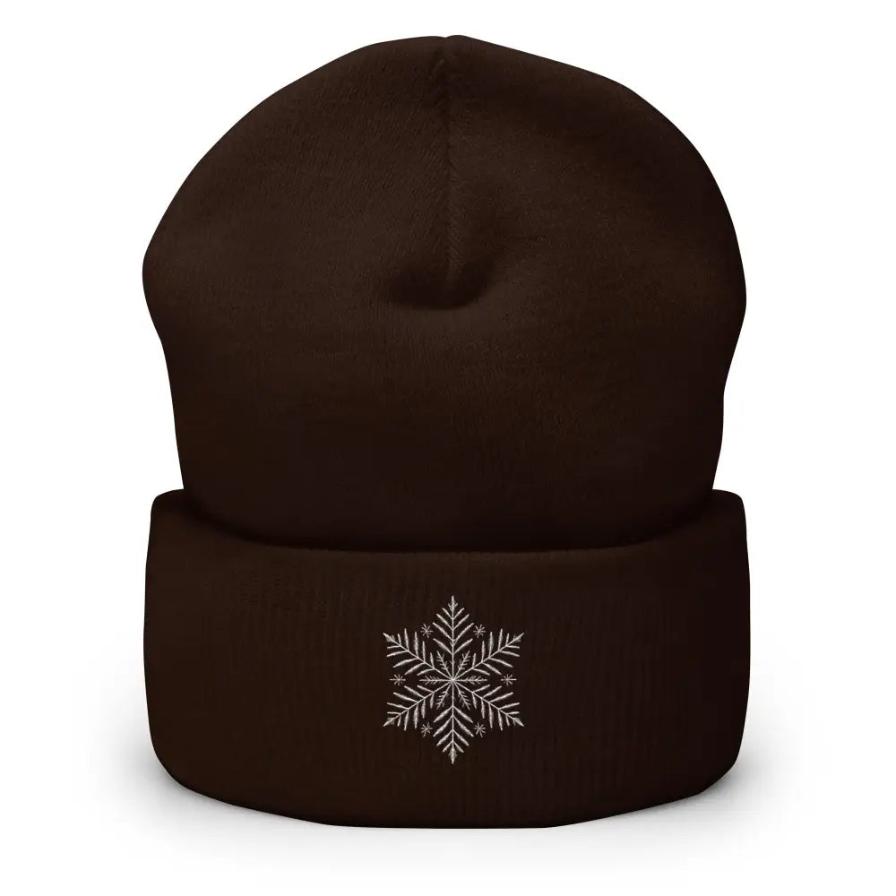 Dark brown turbo acrylic beanie with embroidered snowflake design