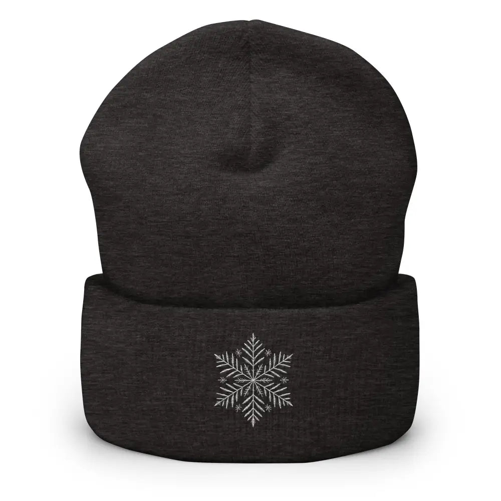 Charcoal gray Turbo Acrylic beanie with embroidered snowflake design