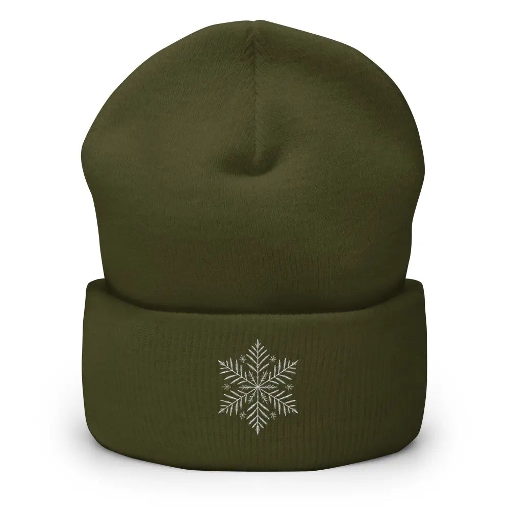Olive green turbo acrylic beanie with embroidered white snowflake