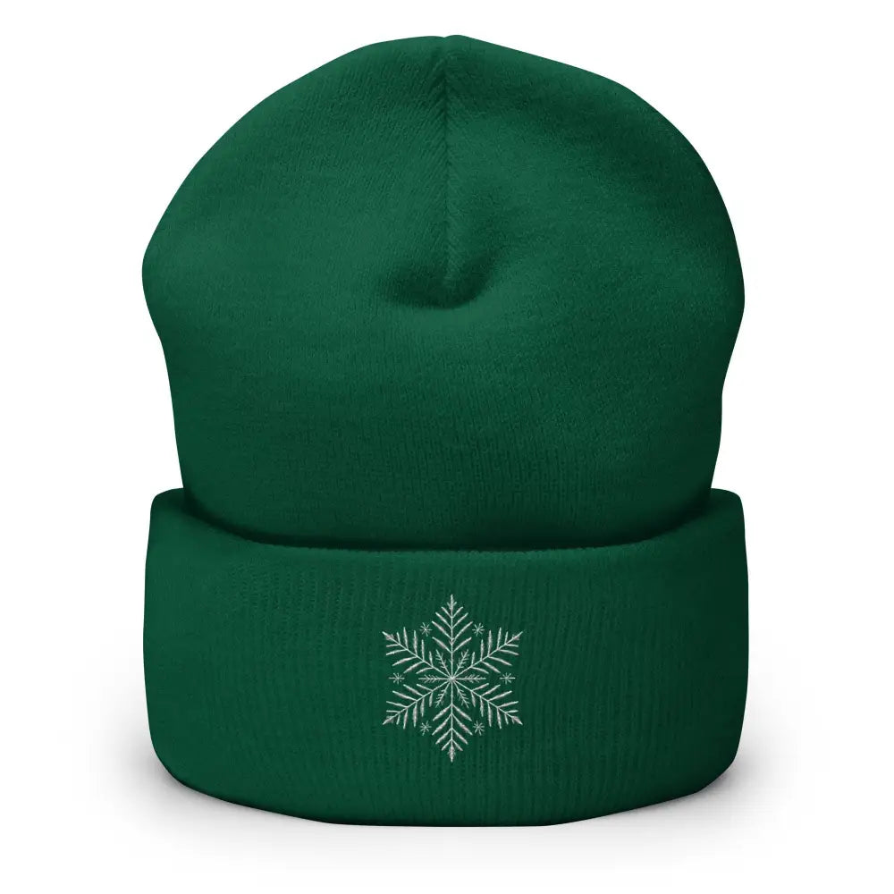 Dark green Trini Skies turbo acrylic beanie with embroidered snowflake