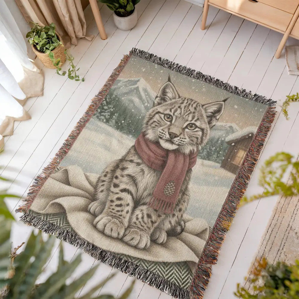 Snowy Lynx Winter Chalet woven cotton throw blanket with detailed winter scene, showing the lynx portrait and snowy mountain backdrop — Trini Skies