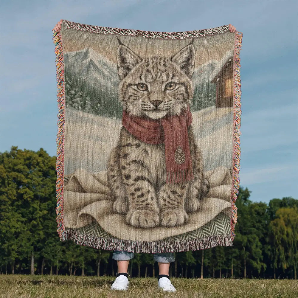 Snowy Lynx Winter Chalet woven cotton throw blanket laid flat showing the full alpine chalet scene — Trini Skies