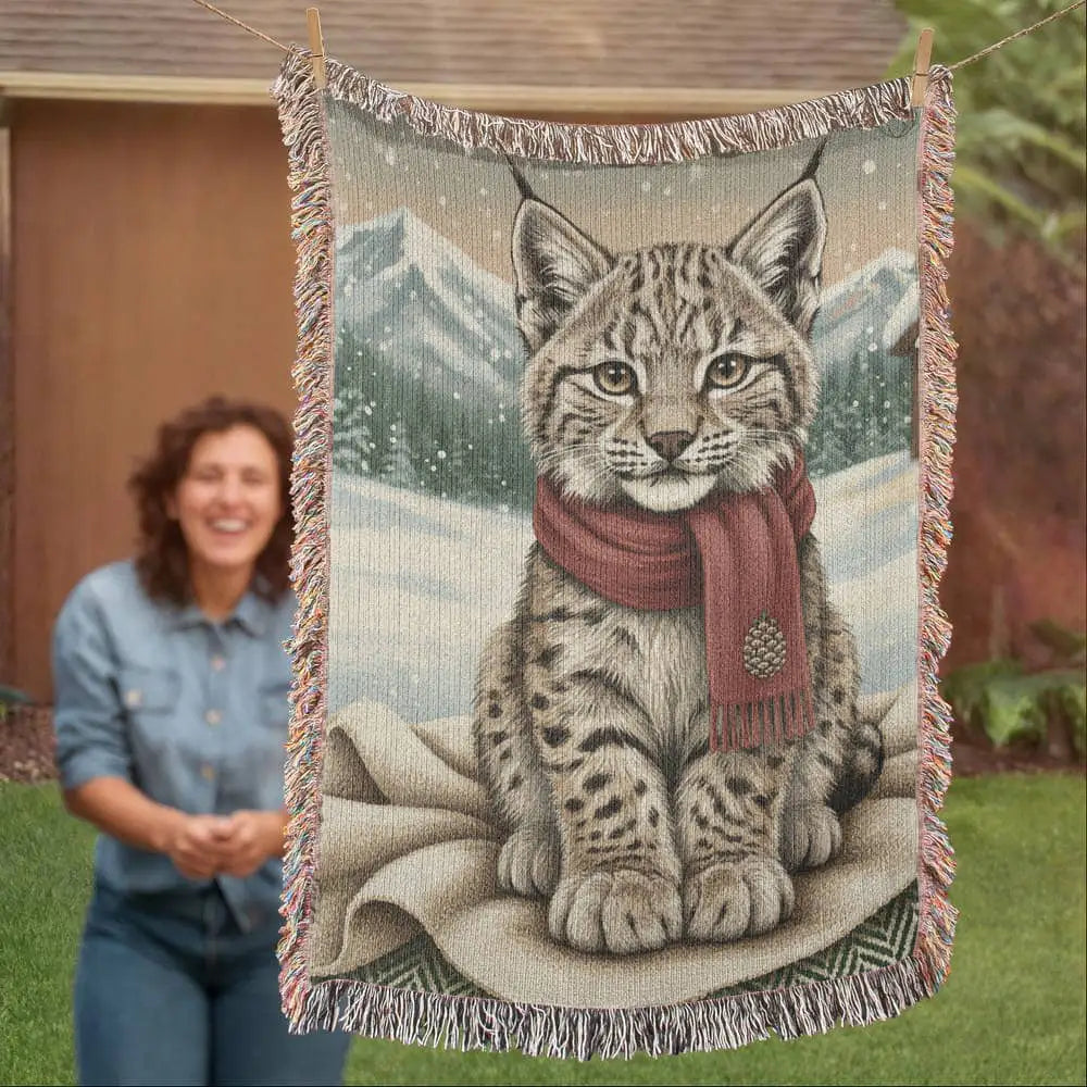 Snowy Lynx Winter Chalet woven cotton throw blanket folded to show the winter scene and fringe edge — Trini Skies