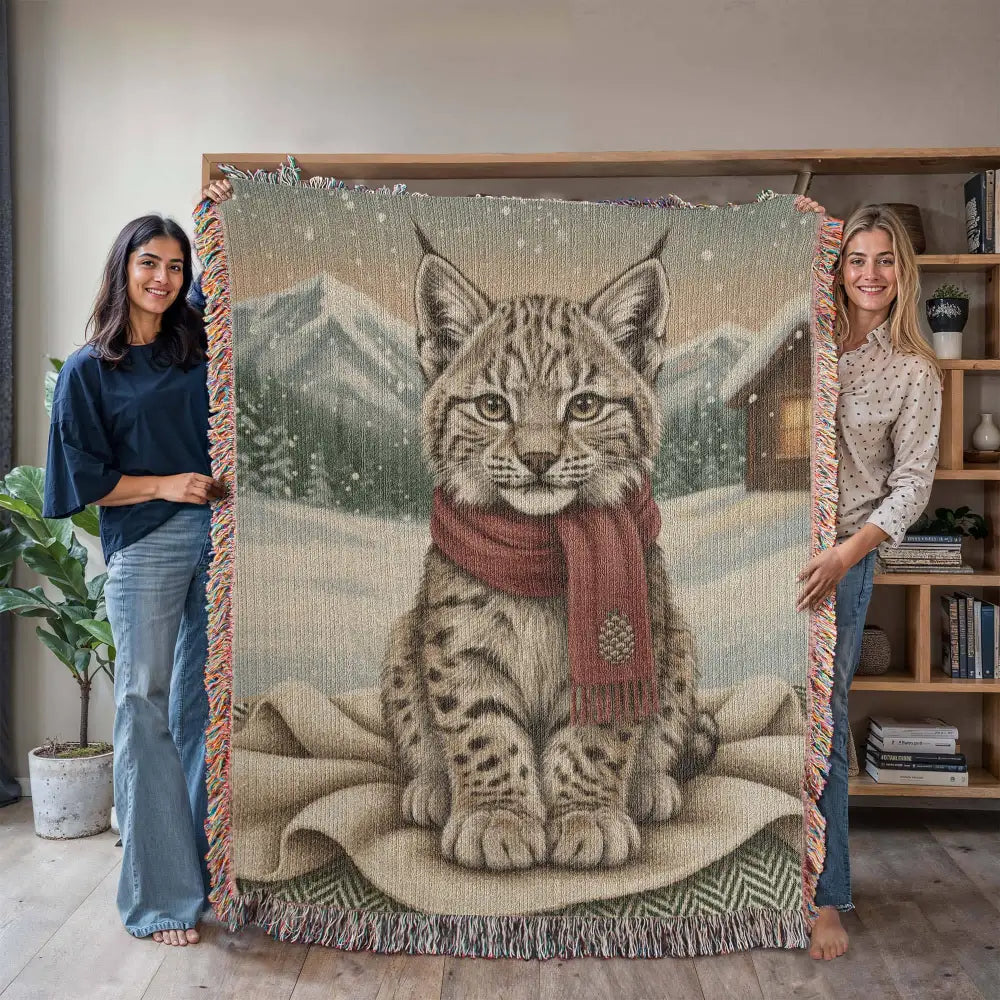 Snowy Lynx Winter Chalet woven cotton throw blanket draped over furniture, showing the tapestry-style lynx portrait and fringe — Trini Skies