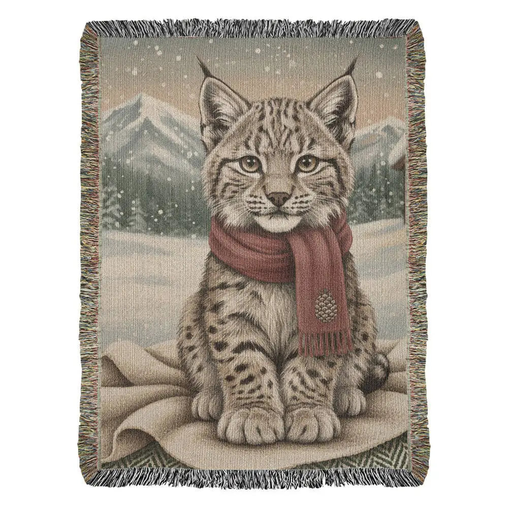 Snowy Lynx Winter Chalet woven cotton throw blanket showing a young lynx in a red winter scarf against a snowy alpine backdrop — Trini Skies