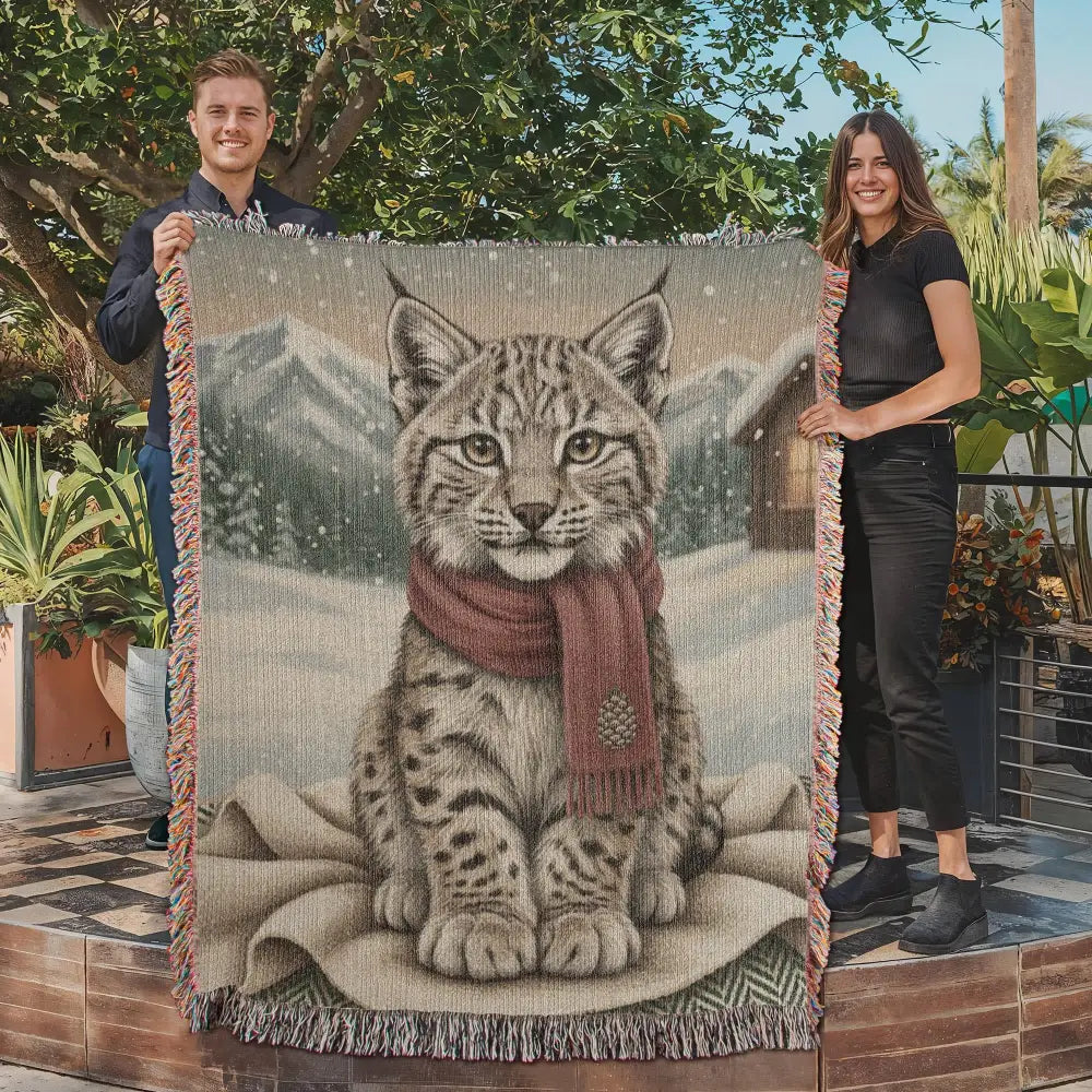 Snowy Lynx Winter Chalet woven cotton throw blanket close-up showing the woven tapestry detail and winter chalet scene — Trini Skies