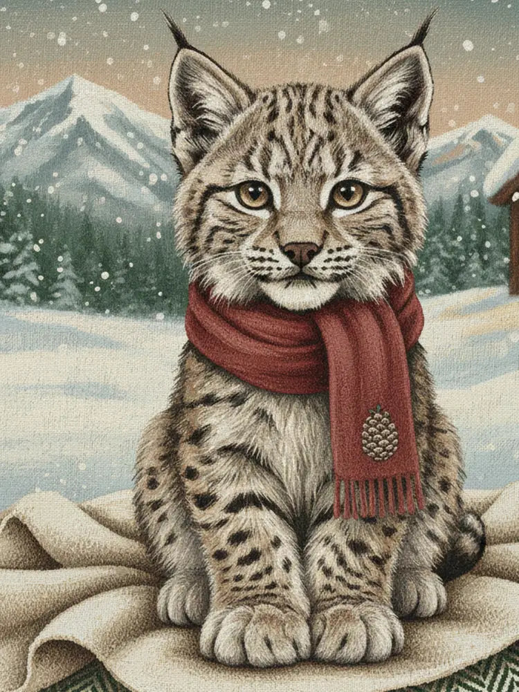 Snowy Lynx Winter Chalet woven cotton throw blanket styled in a lodge interior, showing the woven lynx portrait design — Trini Skies