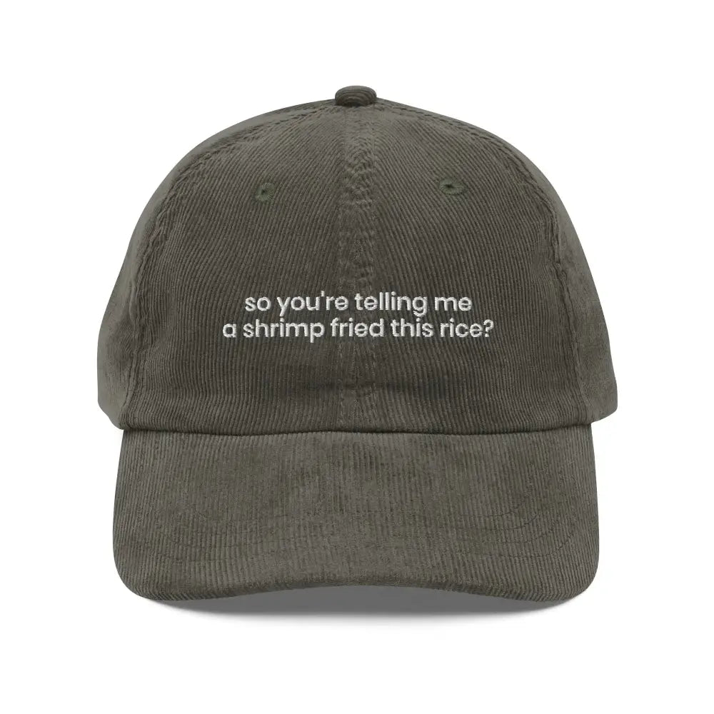 Olive green shrimp fried embroidered corduroy cap by Trini Skies
