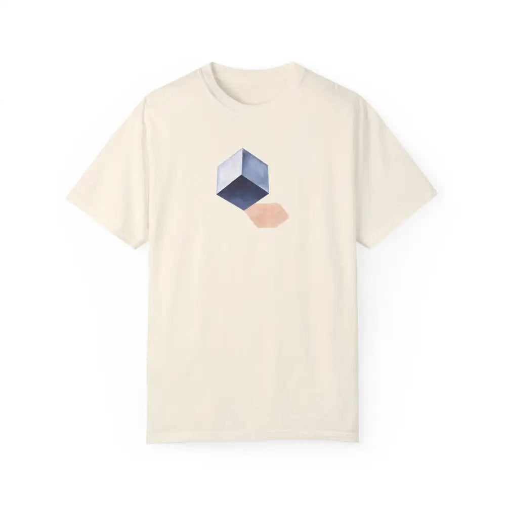 Cream-colored Comfort Colors tee with blue cube graphic