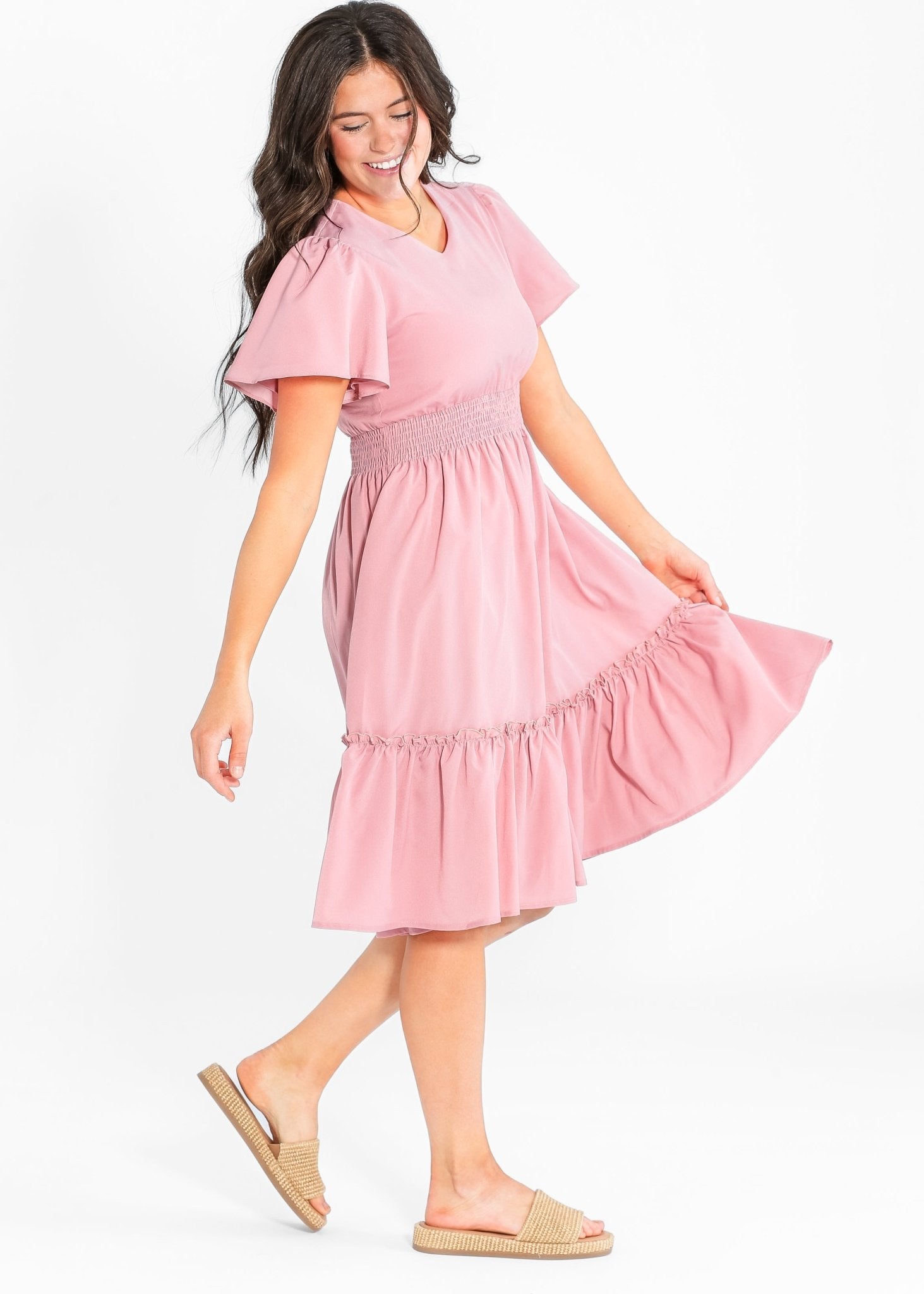 Sophie V - Neck Flutter Sleeve Midi Dress – Modest Pink Smocked Waist Dress - Triniskies
