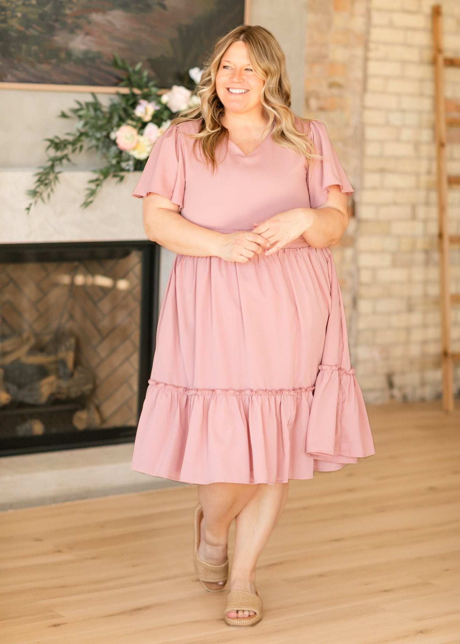 Sophie V - Neck Flutter Sleeve Midi Dress – Modest Pink Smocked Waist Dress - Triniskies