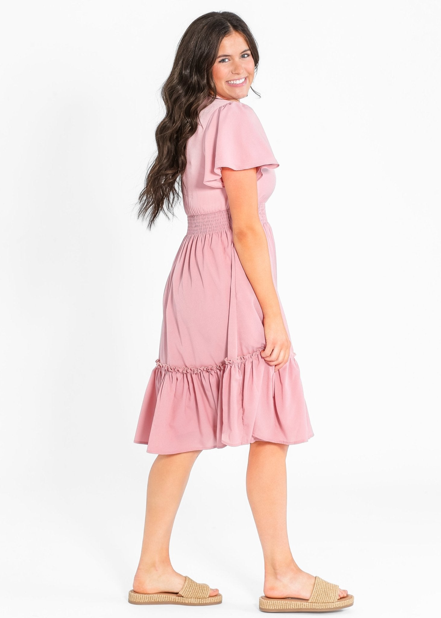 Sophie V - Neck Flutter Sleeve Midi Dress – Modest Pink Smocked Waist Dress - Triniskies