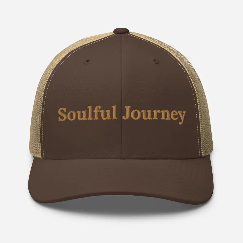 Trini Skies Soulful Journey embroidered trucker cap in brown and tan mesh