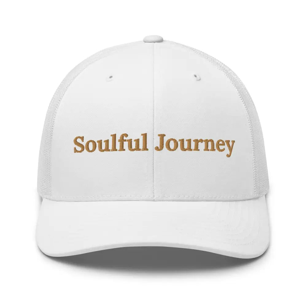 White Trini Skies soulful journey embroidered trucker cap with gold lettering