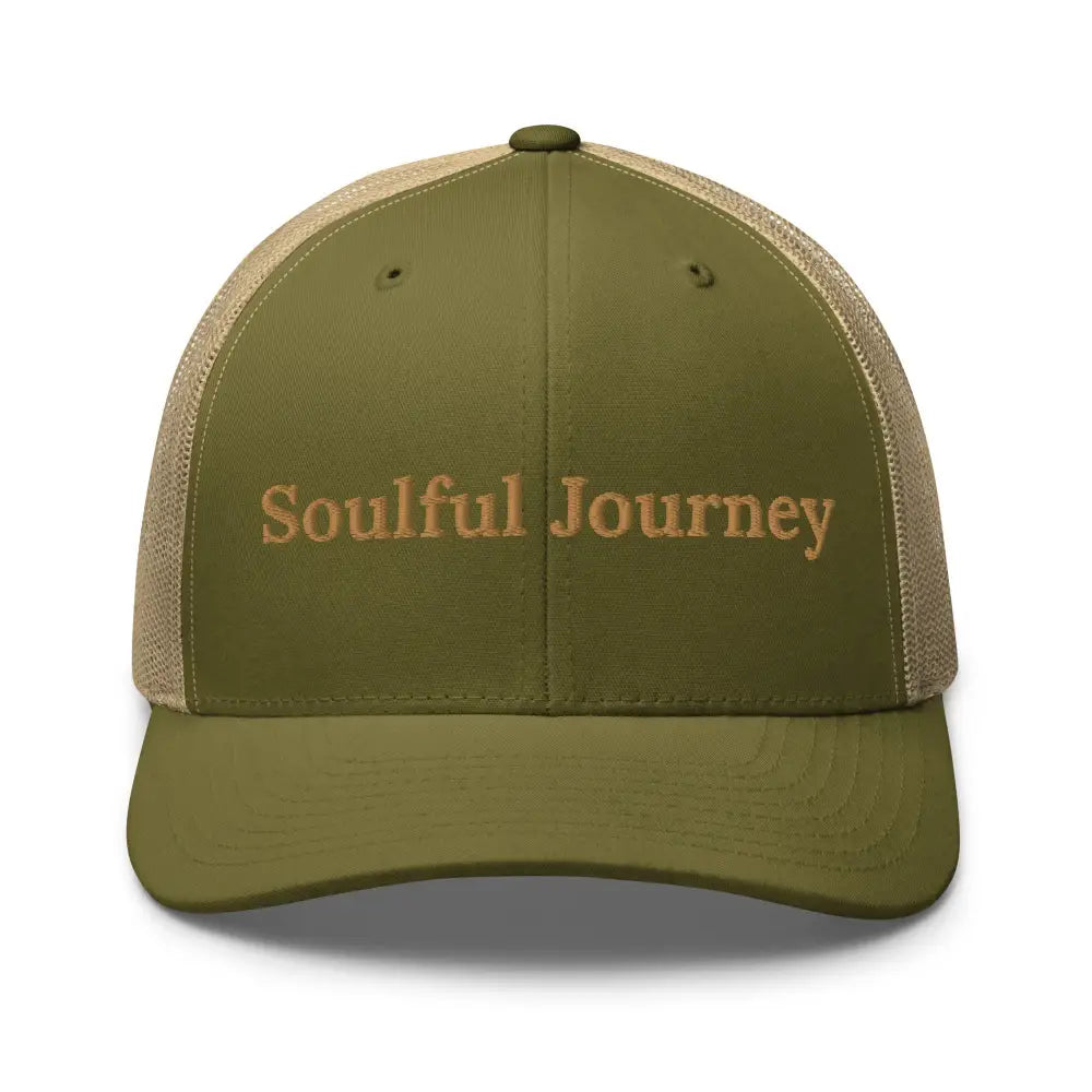 Trini Skies Soulful Journey Embroidered Trucker Cap in olive green with tan mesh