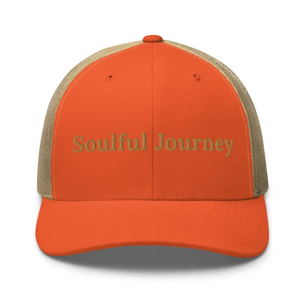 Orange and tan Trini Skies Soulful Journey embroidered trucker cap