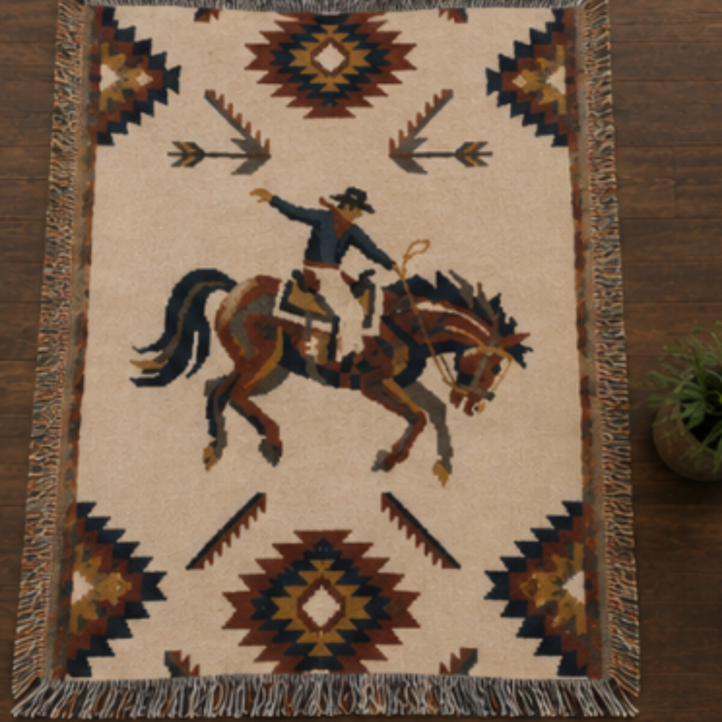 Southwest rodeo woven throw: cream cowboy on horseback blanket laying flat