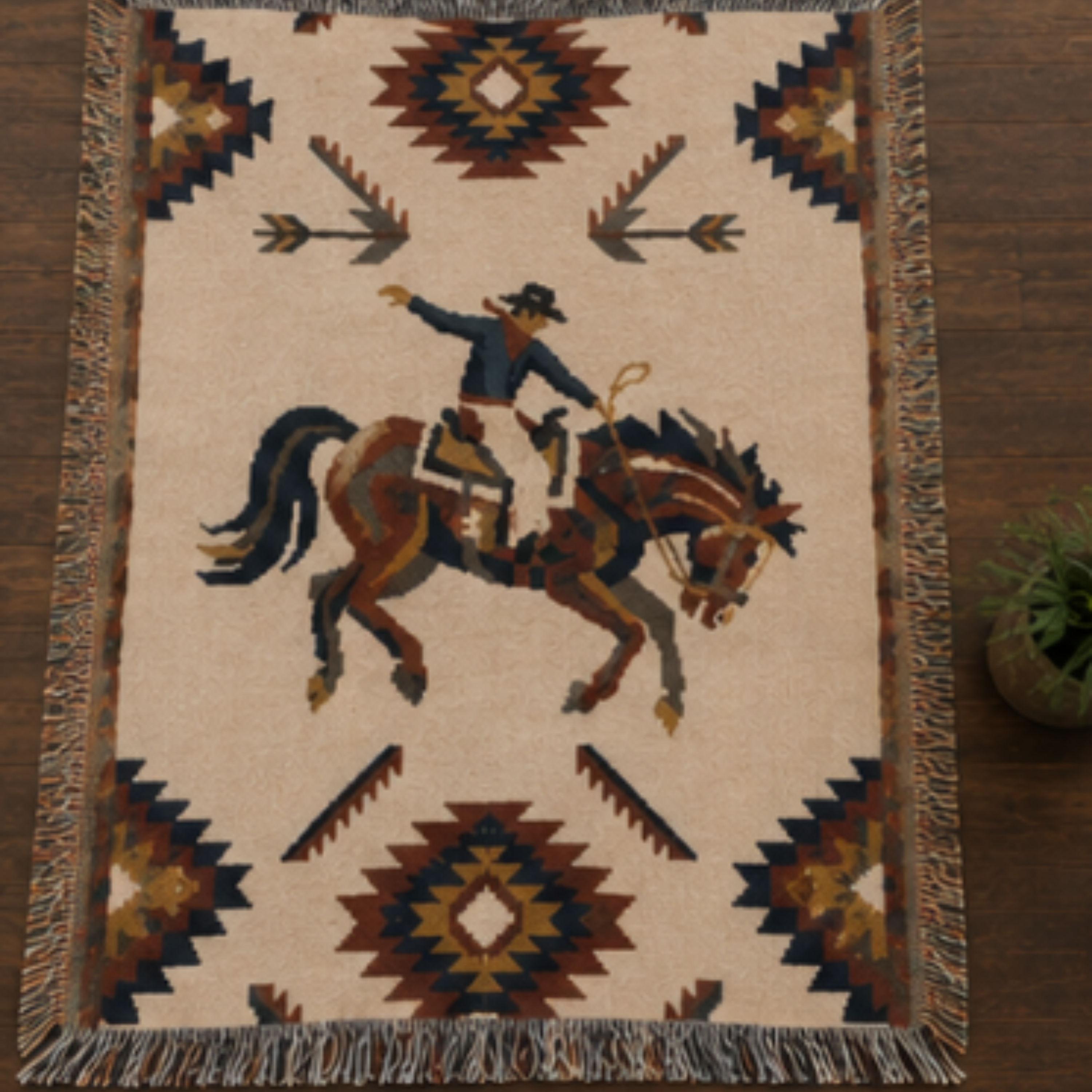 Southwest rodeo woven throw: cream cowboy on horseback blanket laying flat