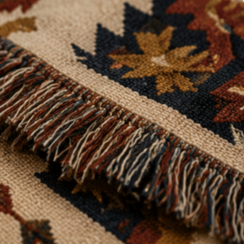 Close-up of a textured fabric with intricate patterns and fringes.