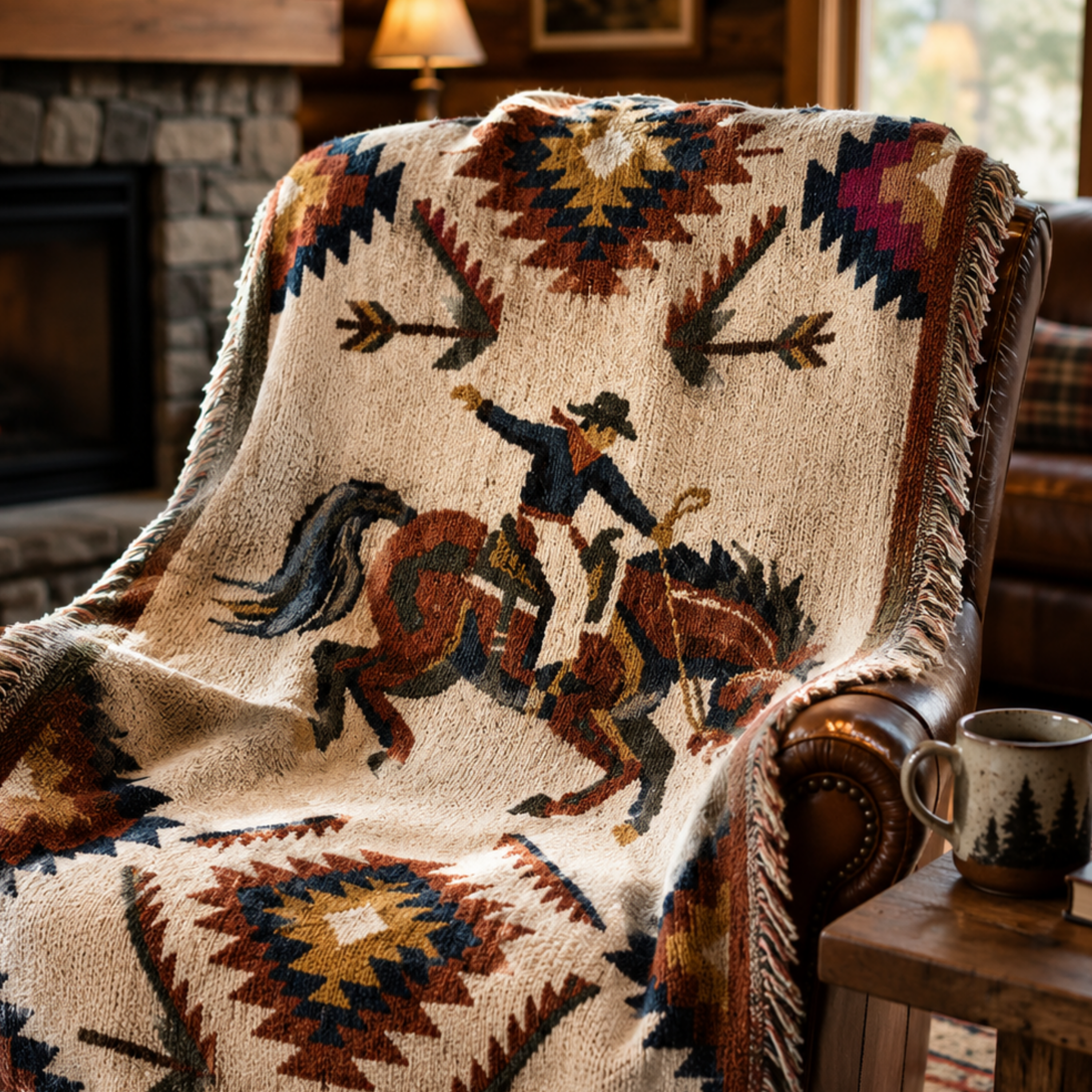 Southwest Rodeo Woven Decorative blanket with a cowboy design draped over a chair in a cozy room.