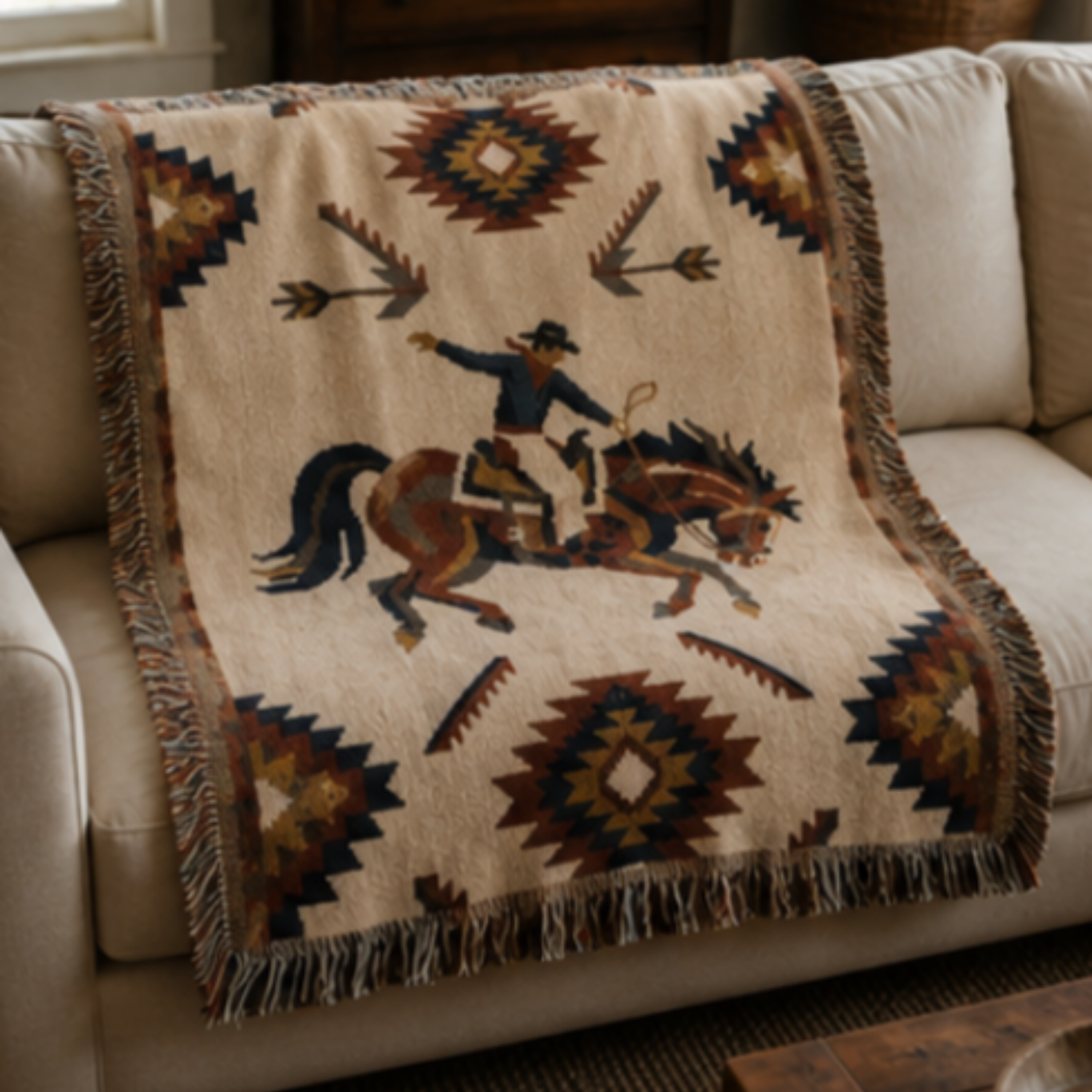 Southwest rodeo woven throw: cream cowboy on horseback blanket on a sofa