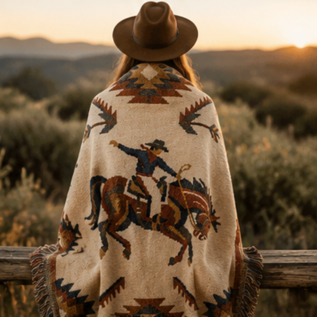 Women sitting in a western field with a Southwest rodeo woven throw: cream cowboy on horseback blanket wrapped around her