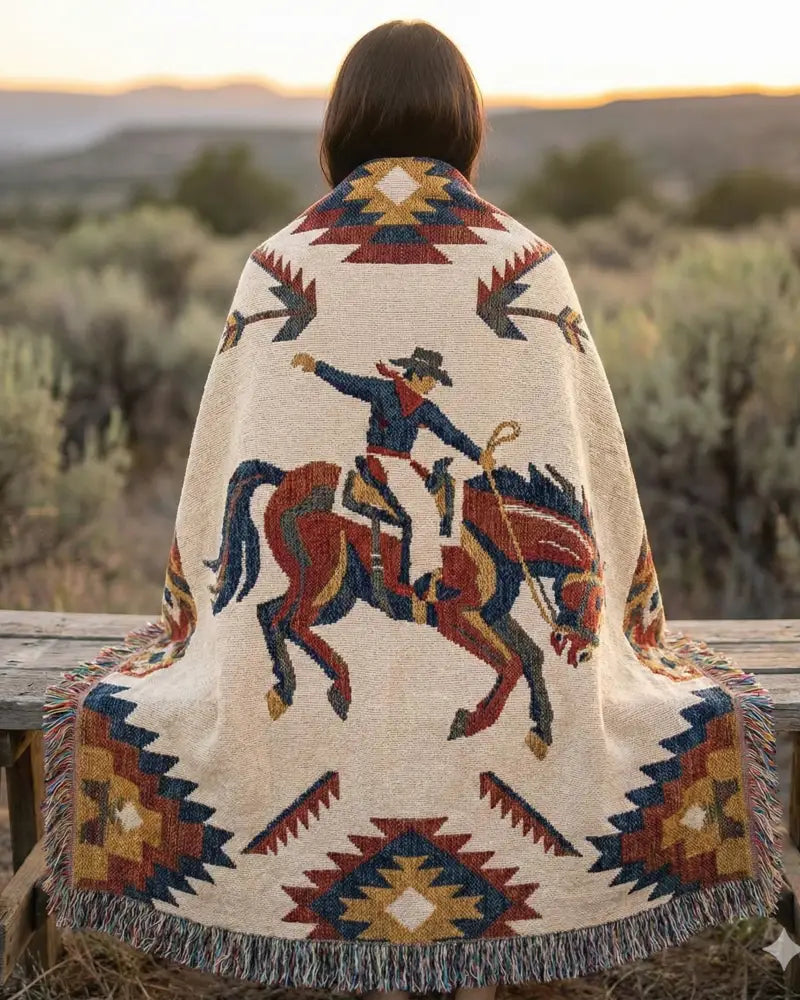Southwest rodeo woven throw: cream cowboy on horseback blanket