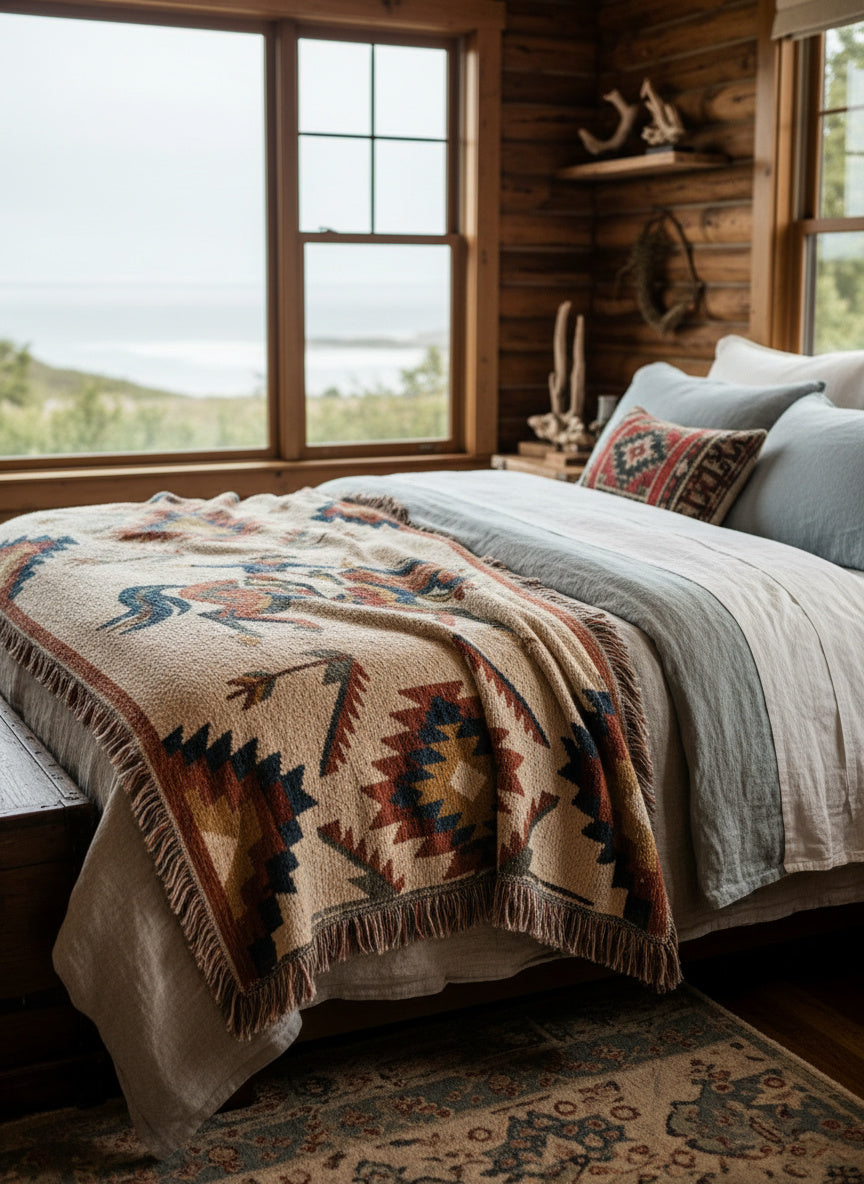 Southwest Cowboy Woven cowboy blanket draped over bed in cabin