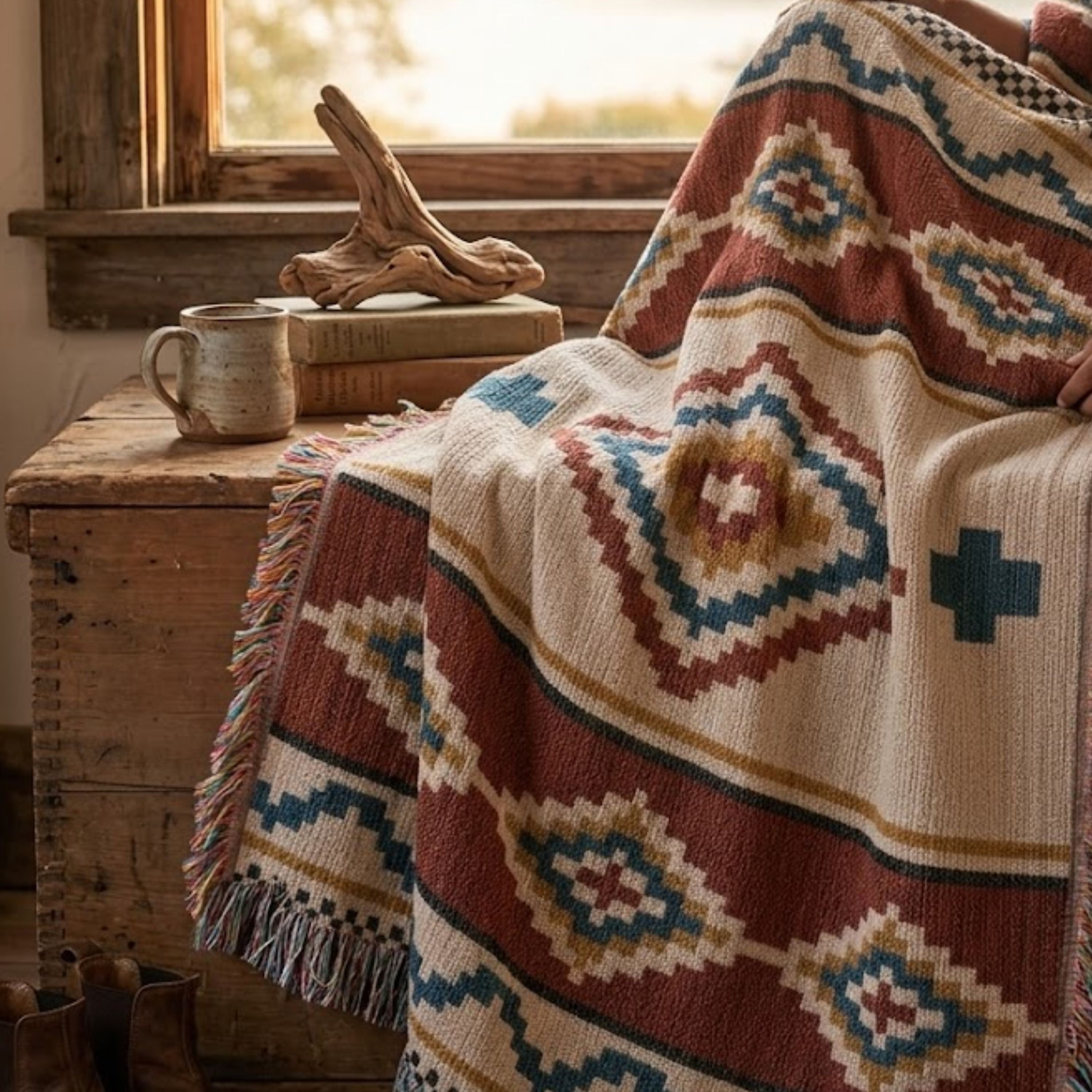 The Mesa House Southwestern woven cotton throw blanket folded over a leather chair, rust and sage stepped diamond medallion and stripe bands in a 100% cotton jacquard weave — Trini Skies
