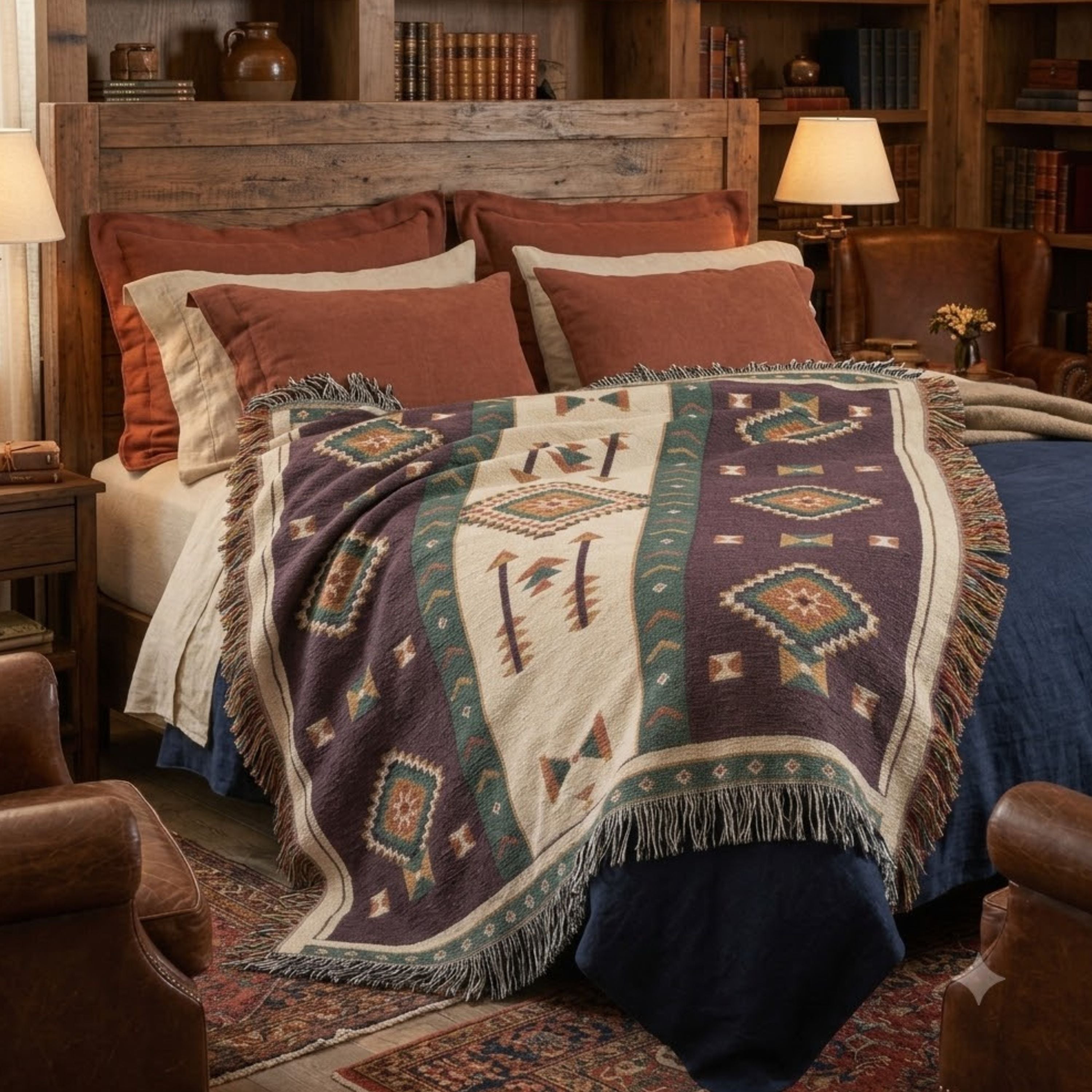Aubergine Mesa woven throw blanket folded on a bed, aubergine and rust geometric pattern — Trini Skies