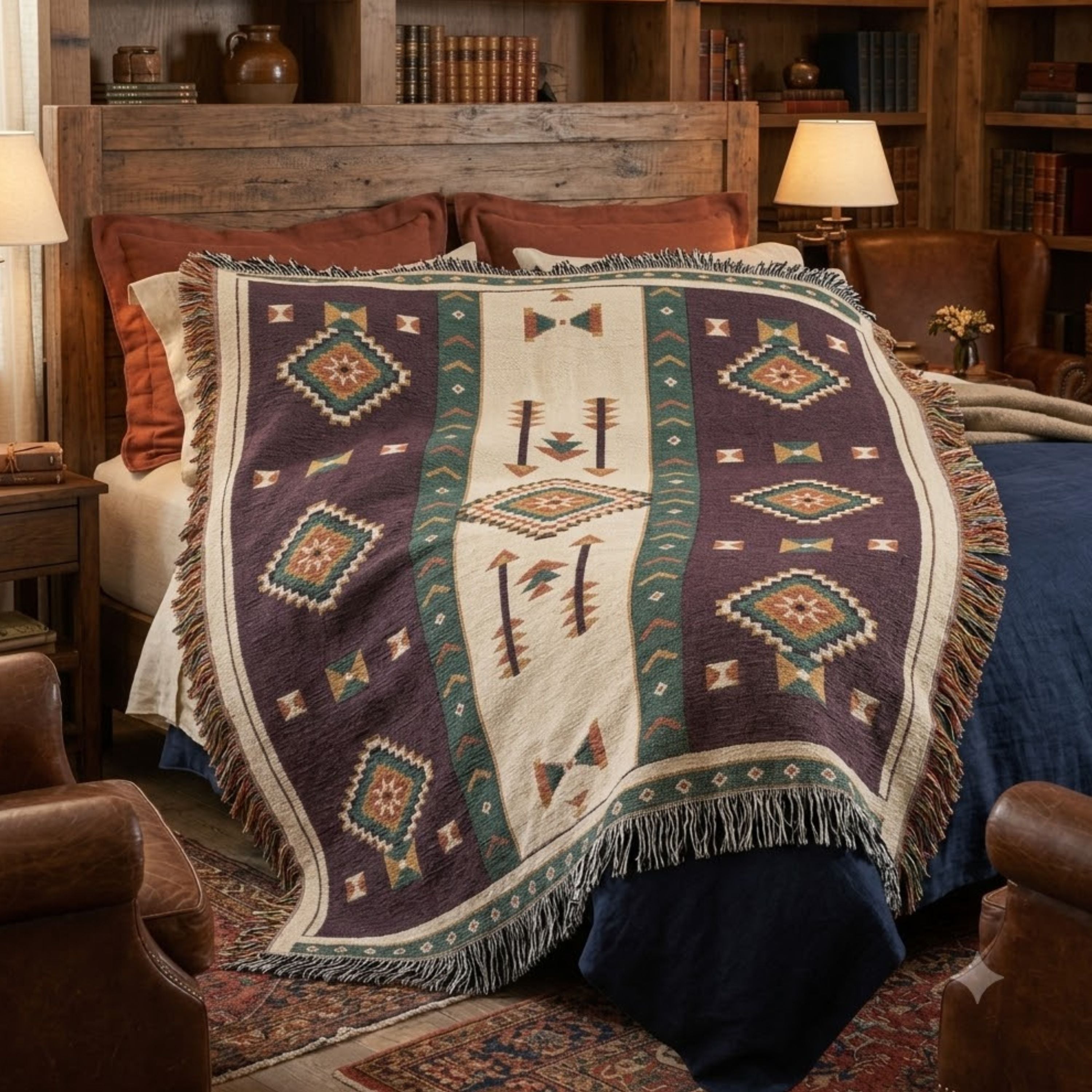 Aubergine Mesa woven throw layered on a bed in a warm bedroom setting — Trini Skies